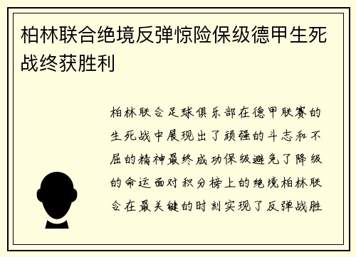 柏林联合绝境反弹惊险保级德甲生死战终获胜利